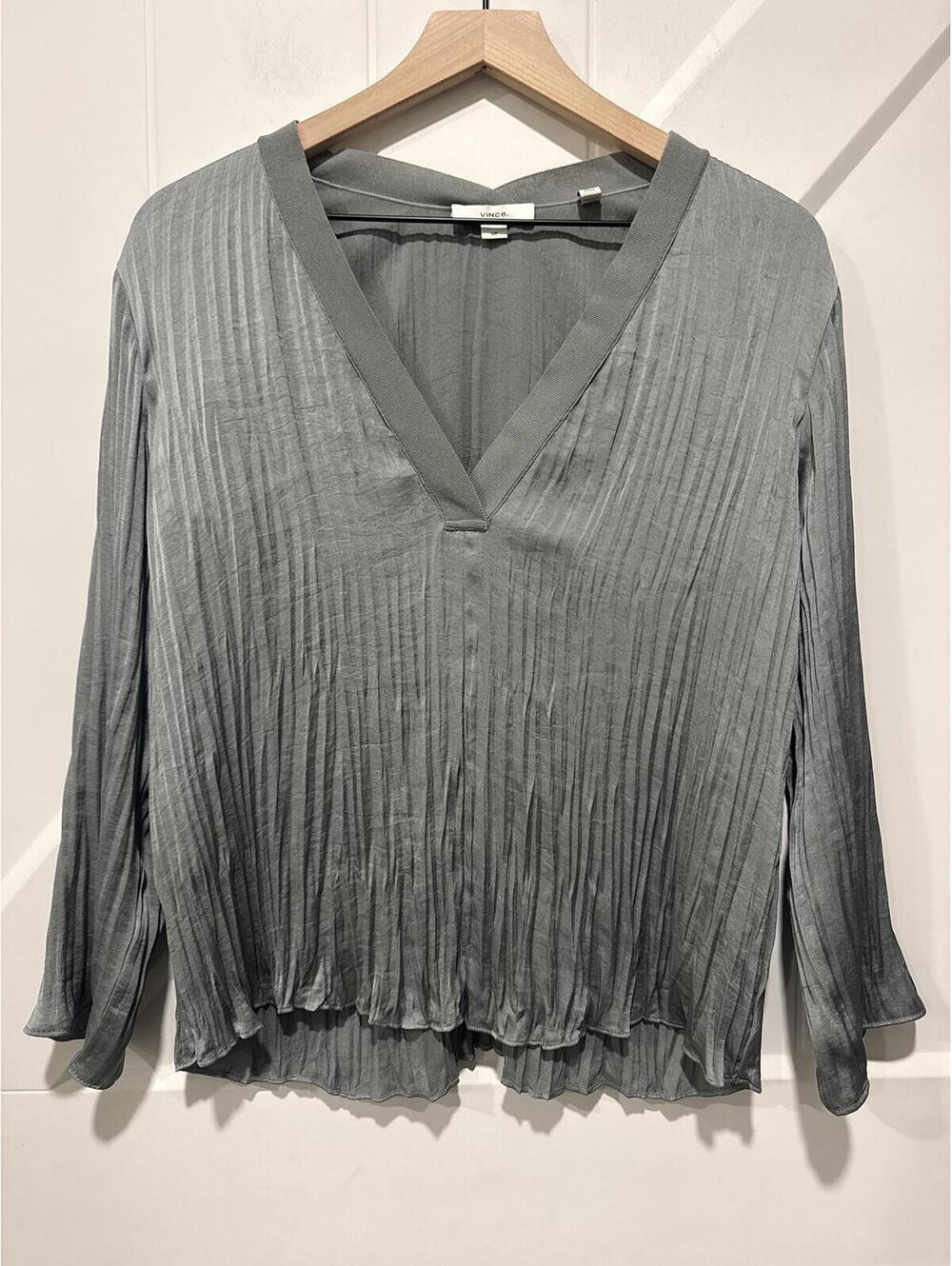 Vince Gray Pleated V-Neck Long Sleeve Blouse, Size S